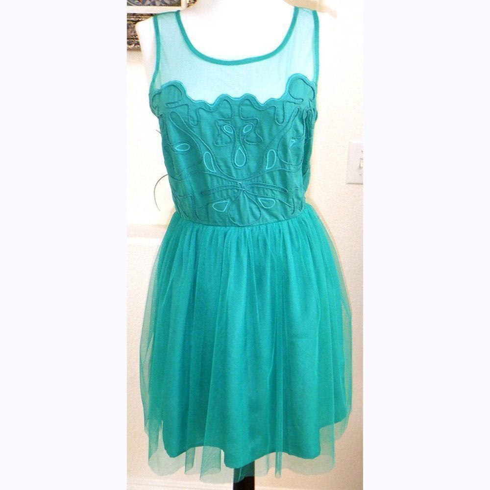Aqua green embroidered tulle dress